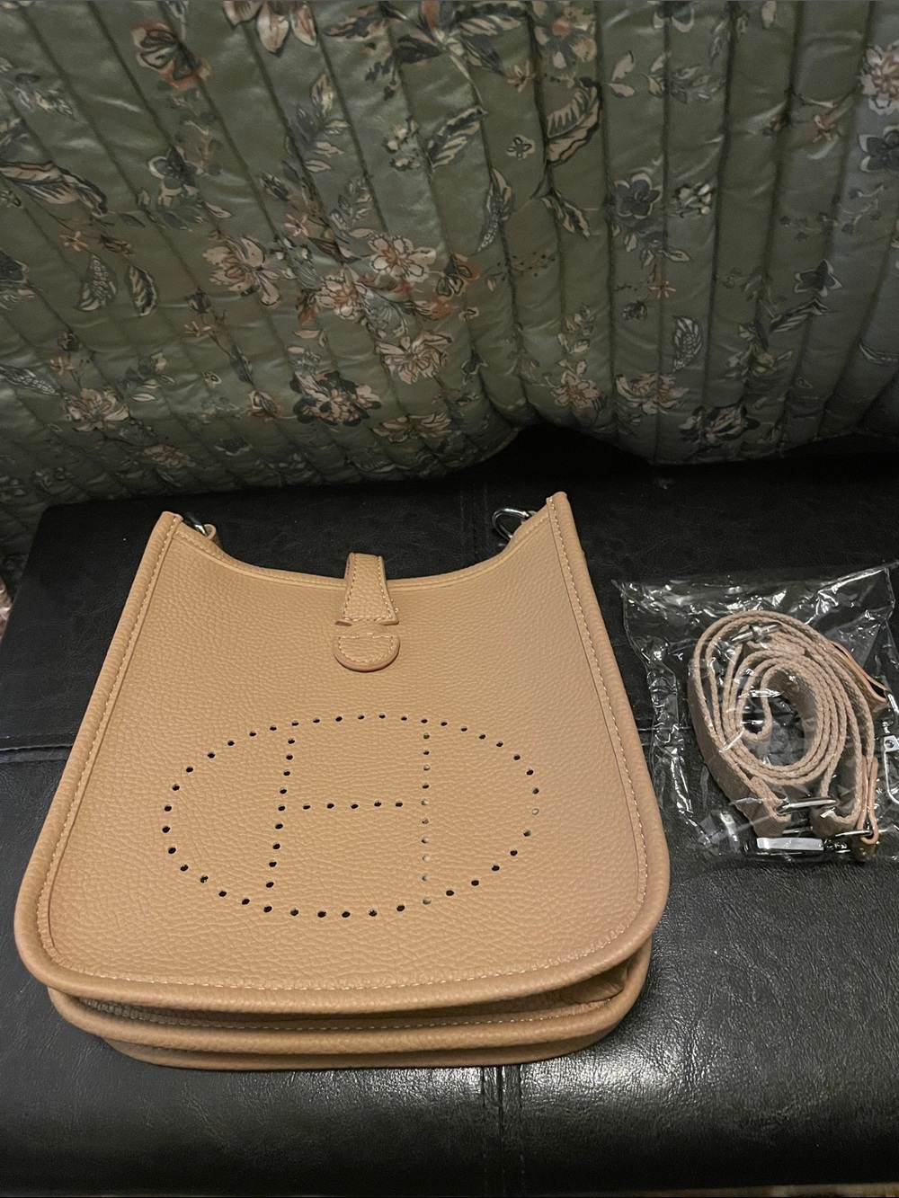 Women's Tan Crossbody with Perforated Oval H Detail. Closet clear out.
